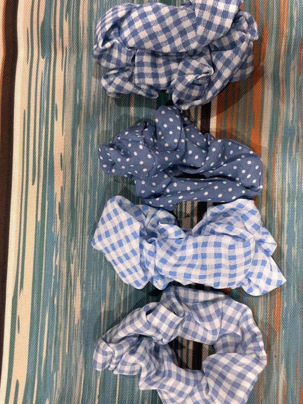 4pk -Blue Gingham and Polka Dot Scrunchie Set - Women Hair Accessories